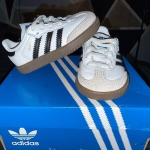 Adidas Kids White and Black Sneakers with Brown Sole